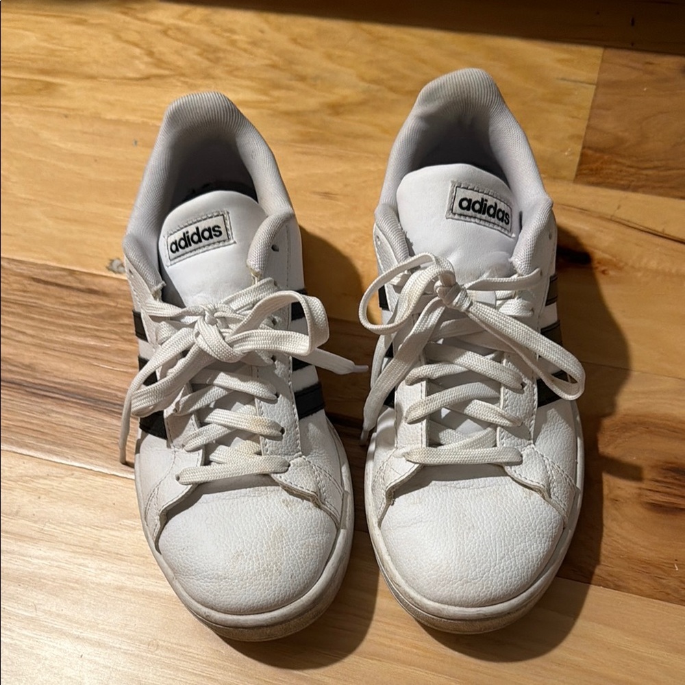 Adidas White Sneakers with Black Stripes